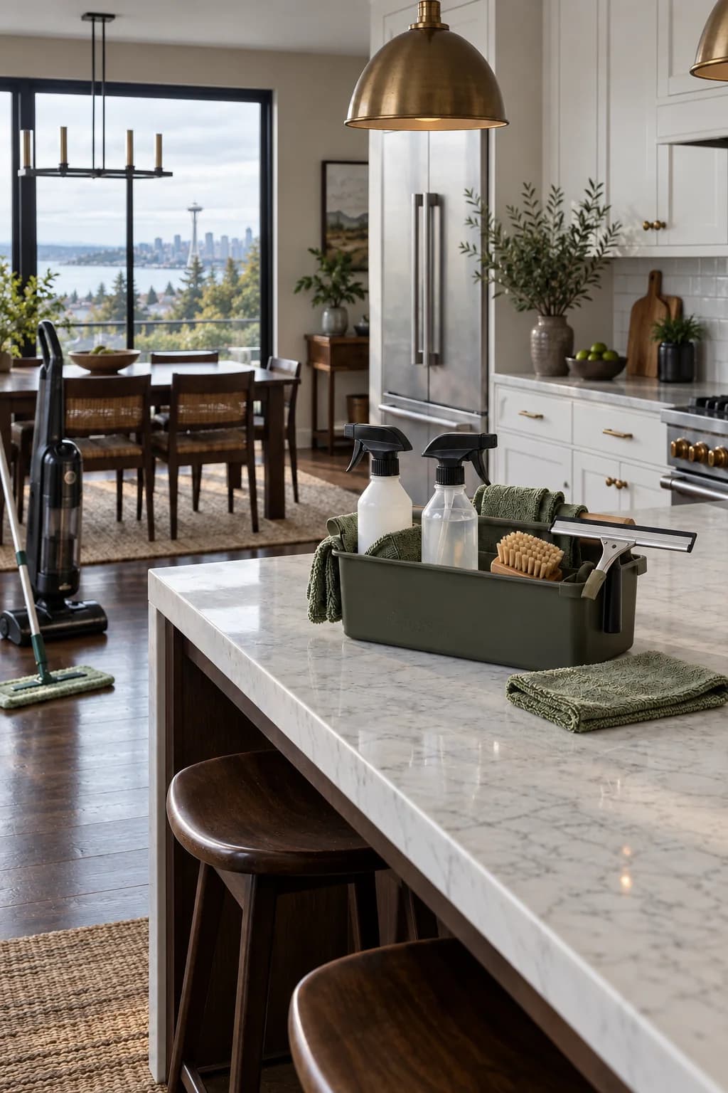 Olive cleaning caddy with bottles, cloths, brush, and squeegee on a kitchen island overlooking Seattle