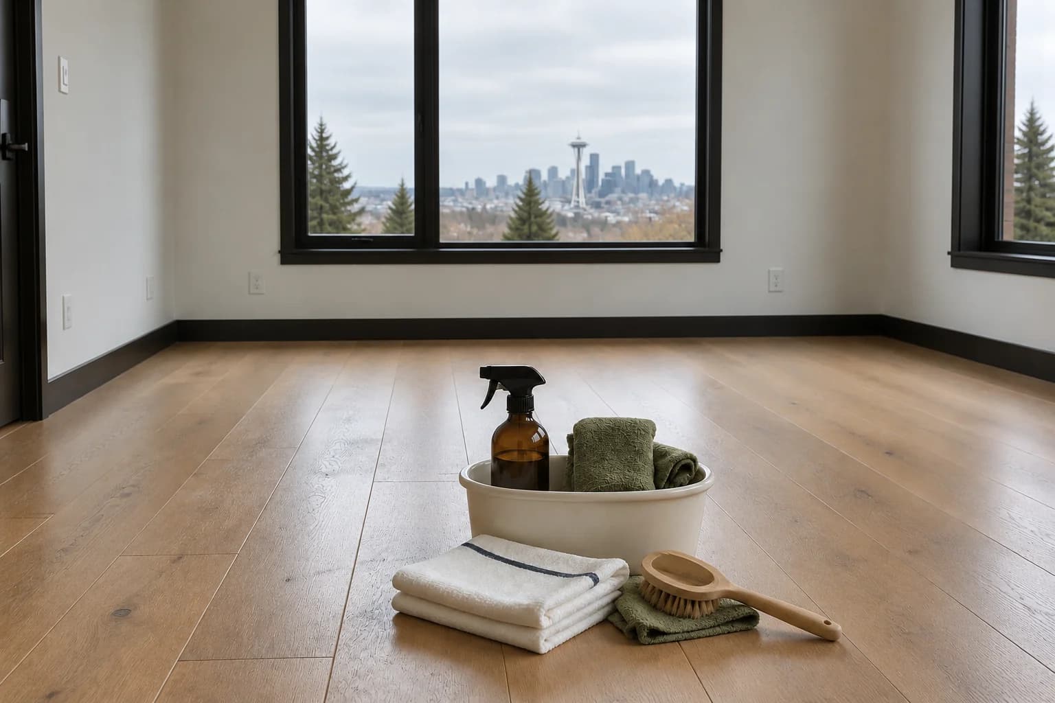 Bucket of cleaning supplies and folded cloths on the wood floor of an empty home